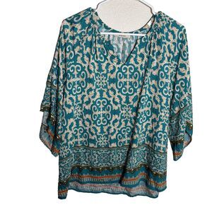 Bebonnie Blouse Women's Large V-Neck 3/4 Sleeve Printed Boho Casual Artsy Top